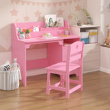 Garvee Conjunto Escritorio y Silla Infantil de Madera con Almacenamiento para Estudio y Computadora, Blanco, para Niños - Rosa
