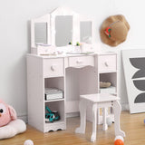 Garvee Set De Tocador Infantil De Madera 2 En 1 Con Espejo Y Taburete, Mesa Con Cajón, Juego De Maquillaje Para Niñas, Diseño Princesa, Ideal Para Juegos De Rol - Blanco