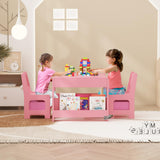 Garvee Conjunto de Mesa y Sillas Infantiles 4 en 1 de Madera MDF con Pizarra Reversible Estantería y Cajones de Almacenamiento Rosa - Rosa