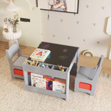 Garvee Conjunto de Mesa y Sillas Infantiles 4 en 1 de Madera MDF con Pizarra Reversible Estantería y Cajones de Almacenamiento Gris - Gris