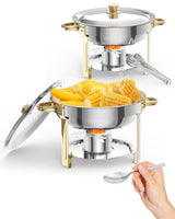 Garvee Set De 2 Bandejas Buffet 5L Acero Inoxidable Con Soporte Para Tapa Para Eventos Y Banquetes - Dorado
