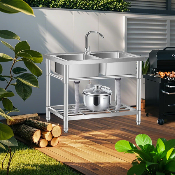 Fregadero grande de una cubeta con estante de almacenamiento integrado