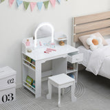 Garvee Vanidad Infantil con Espejo Iluminado 2 en 1 para Niñas de 3-9 Años, Mesa y Taburete, Almacenamiento Amplio, Luz LED Ajustable, MDF Seguro, Dormitorio, Rosa - Blanco