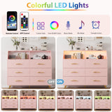 Garvee Cmoda Moderna 6 Cajones con Luces LED y Estacin de Carga para Dormitorio y Entrada, Madera y Metal, Patas Duraderas, Almacenamiento Amplio