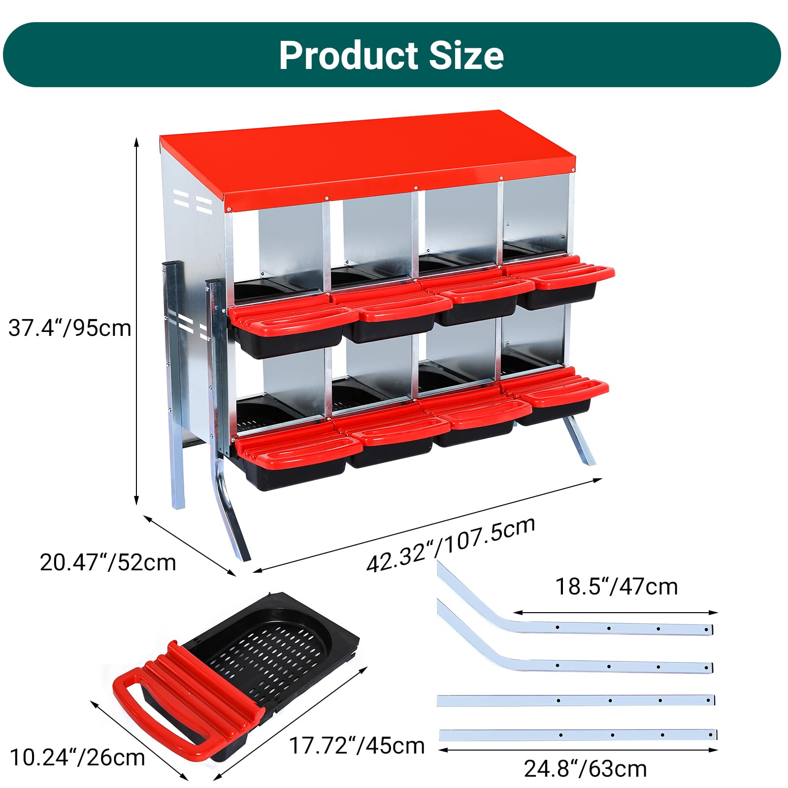 Garvee Caja de Nido para Gallinas 2 Niveles 8 Compartimentos con Soporte Metálico, Acero Galvanizado 0.6mm con Tapa Esmaltada, Techo Impermeable, Ventilación Superior, Rojo