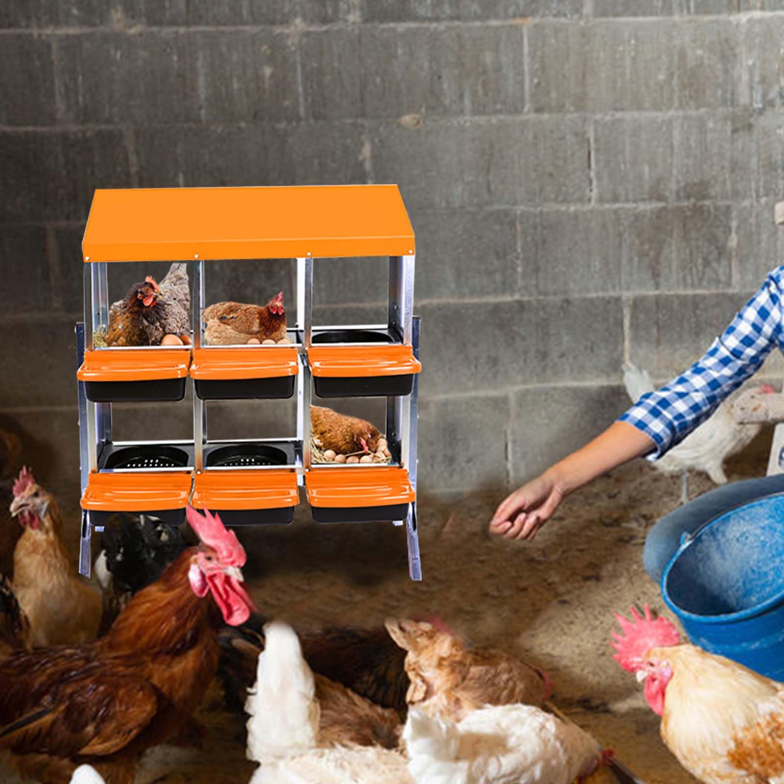 Garvee Caja de Anidación para Gallinas 6 Compartimentos con Soporte, Bandeja Deslizante, Ventilación Amplia, Plástico Resistente, Sistema Recolección Huevos, Ahorro de Espacio, Naranja