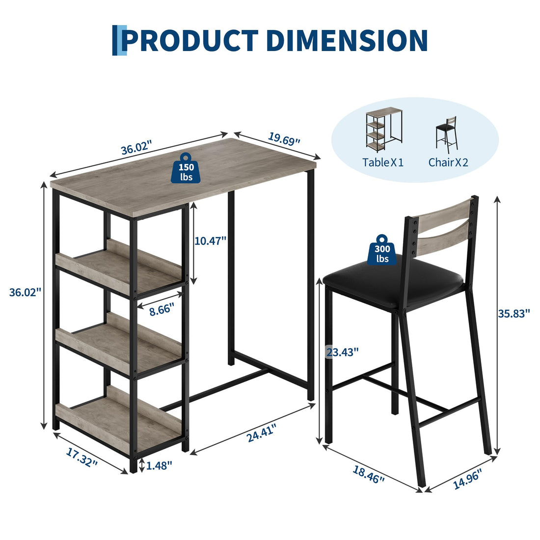 Garvee Juego De Comedor 3 Piezas Con Estantes De Almacenaje, Sillas Tapizadas, Mesa De Hierro Y Madera, Compacto, Gris, Ideal Para Apartamentos