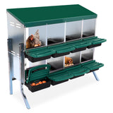 Garvee Caja de Nido para Gallinas 8 Compartimentos con Soporte Metálico, Acero Galvanizado 0.7mm con Tapa Esmaltada Bandeja de Plástico, Bandejas Extraíbles Gallineros, Verde - Verde