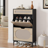 Garvee Armario Zapatero de Madera con 2 Puertas Abatibles Diseño Ovalado Mueble Organizador para Entrada Veta de Madera Negra y Natural - Negro