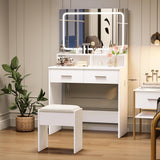 Garvee Mesa de maquillaje moderno con LED ajustable, enchufes integrados, asiento acolchado, 2 cajones, color blanco, 80x40x138cm, ideal para dormitorio
