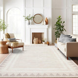 Garvee Alfombra Lavable de 244x305 cm, Imitación Lana Ultrasuave con Base Antideslizante, Diseño Moderno con Borde Geométrico Blanco Roto