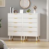 Garvee Cómoda Fluted 5 Cajones con Tiradores Dorados, MDF Resistente, Minimalista para Dormitorio y Sala, Blanco, Compacta y Segura