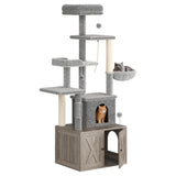 Garvee Enclosure para Caja de Arena y Árbol para Gatos 2 en 1, Torre Moderna con Poste Rascador y Hamaca, Madera, Plata, Interior, Multiuso - Gris