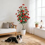 Garvee Árbol Artificial de Camelia de 122 cm, Planta Sintética Decorativa Realista para Interiores y Exteriores con Maceta, Rojo - Rojo