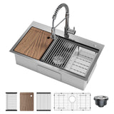 Garvee Fregadero de Acero Inoxidable 304 Sistema Antiruido Diseño Inclinado Grifo Extraíble de Resorte 360° 5 Piezas Empotrado y Encimera para Hogar Cocina Moderna y Bar Color Acero Natural 76.2x45.7x22.9cm - Plata