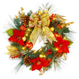 Garvee Corona Navideña Roja Iluminada 61 cm con Flores Rojas y Luces LED, Decoración Duradera para Puerta Principal y Fiesta en Casa - Navideño Rojo Dorado