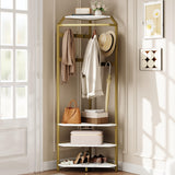 Garvee Perchero Esquinero con Banco para Zapatos y 6 Ganchos Dobles, Organizador de Madera Dorada para Entrada y Sala, 51×51×180 cm, Diseño Antivuelco - Dorado-Estilo B