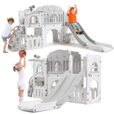 Garvee Juegos Infantiles 8 en 1 de HDPE Ecológico para Niños de 1-3 Años, Tobogán Seguro y Estable con Aro de Baloncesto, Volante y Telescopio, Color Gris y Blanco, Cumple Normas Europeas - Gris & Blanco