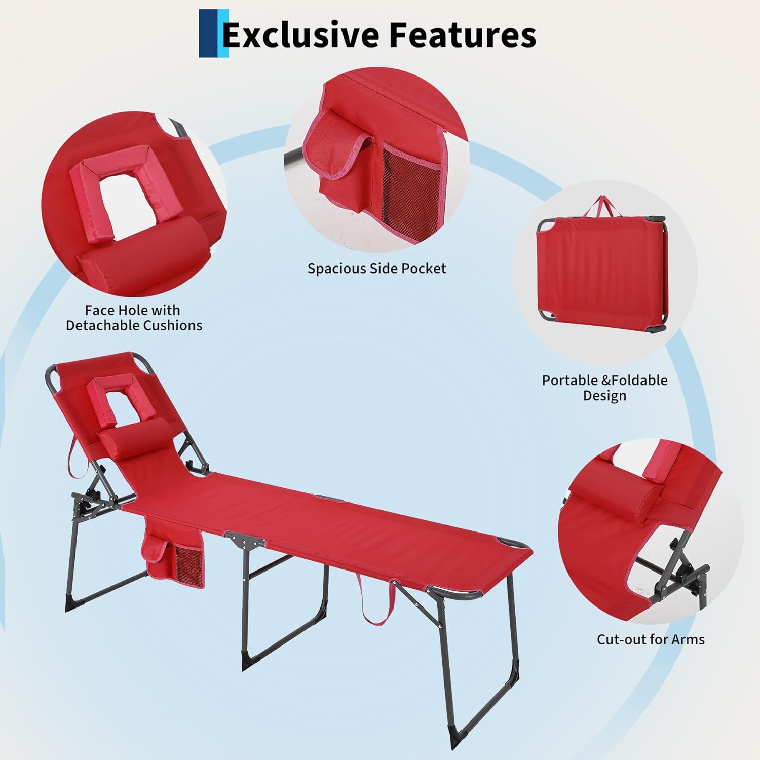 Garvee Tumbona Plegable con Orificio Facial, Respaldo Ajustable en 5 Posiciones, Tejido Oxford 600D, Modelo Alto, Rojo