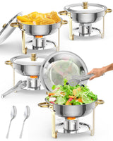 Garvee Set De 4 Bandejas Buffet Redondas 5L Con Soporte Para Tapa Acero Inoxidable Para Eventos Y Banquetes - Dorado & Redondo & 4 piezas