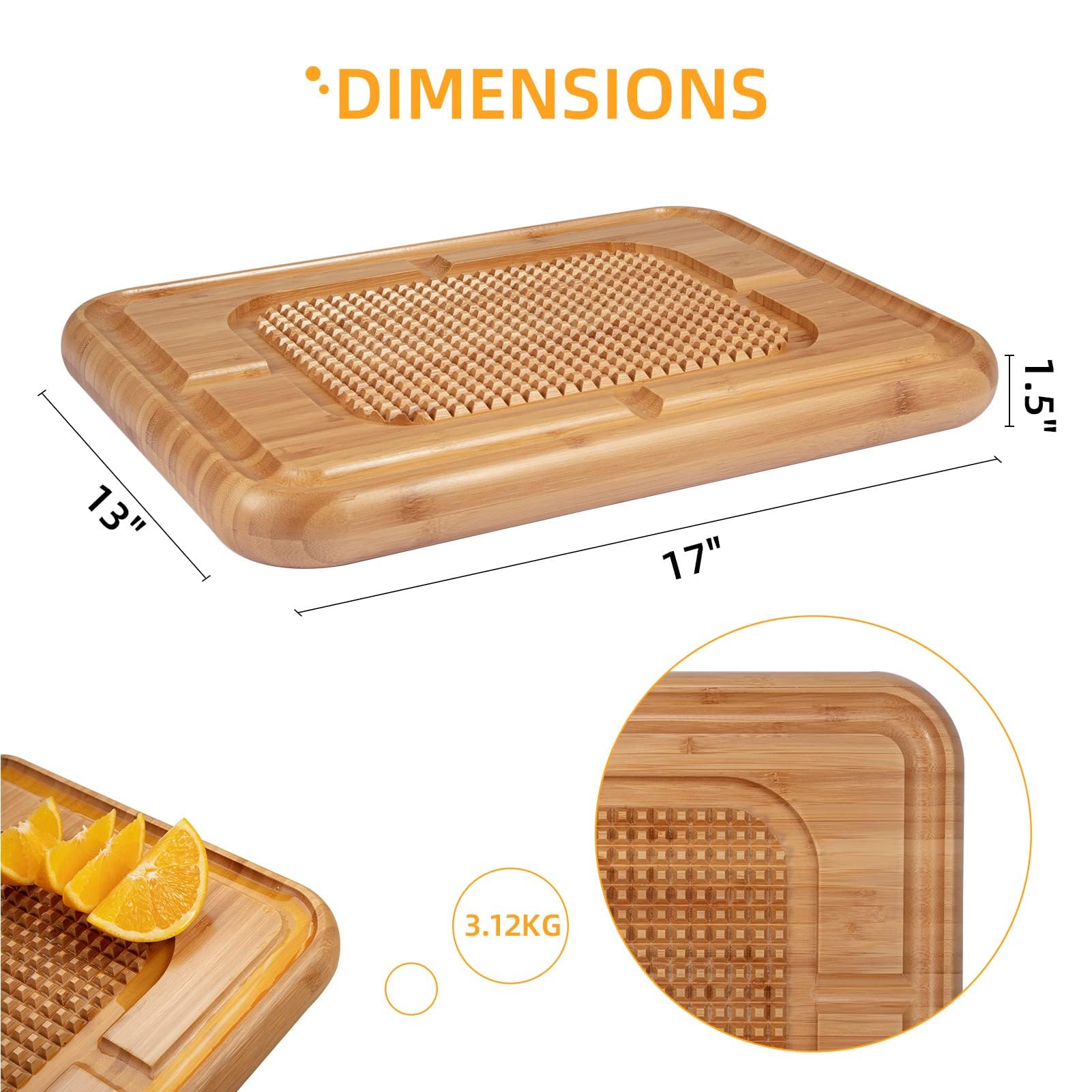 Garvee Tabla de cortar Garvee de bambú con canal para jugos, tabla de cocina reversible y resistente para tallar carne, 43 x 33 x 3.8 cm, madera natural