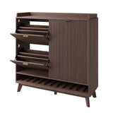 Garvee Zapatero Estrecho de 40 cm con Paneles Acanalados, 2 Cajones Abatibles y Puerta Corredera para Recibidor, Organizador de Madera MDF con Estante Abierto, Nogal Negro - Nogal Negro