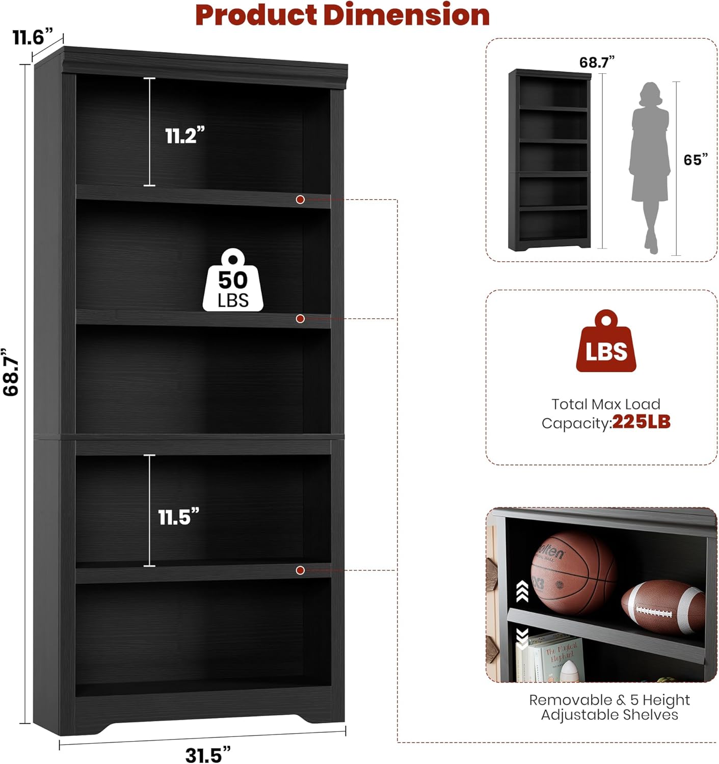 Garvee Estantería de 5 niveles ajustable 175cm de alto, MDF resistente, negra, para sala y oficina