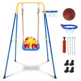 Garvee Columpio para Niños 4-en-1 con Aro de Baloncesto, Cinturón de Seguridad, Marco Plegable de Metal y Plástico, Estable y Seguro para Jardín y Casa