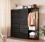 Garvee Cómoda con 16 Cajones y Barra para Colgar, Organizador de Tela para Dormitorio, Estructura Metálica Robusta, Estantes Abiertos, Configuración Reversible, Ideal para Dormitorios y Pasillos - Negro