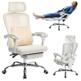 Garvee Silla Gaming Ergonómica Malla Transpirable Reclinable Giratoria Soporte Lumbar Ajustable Brazos 3D Asiento Confort Oficina Juegos Negro - Beige-Base Cromada