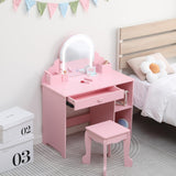 Garvee Vanidad Infantil para Niñas con Espejo Iluminado y Taburete, 2 en 1, Mesa de Maquillaje con Cajón y Estantes, MDF Seguro, Luz LED Ajustable, Rosa, Habitaciones, 100,33×80,01×40,13 cm - Rosa