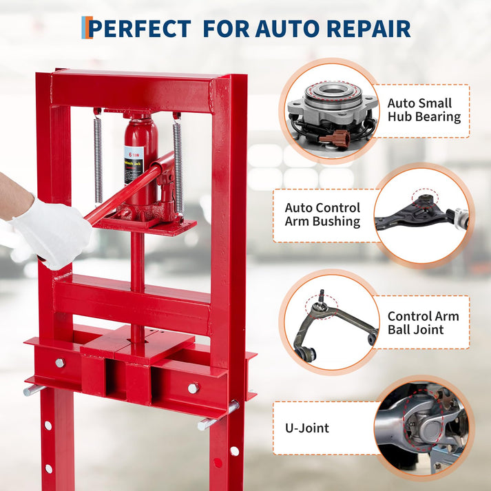 Garvee Prensa Hidráulica 6 T Marco en H Ajustable Placas Doble Acero Resistente Uso Taller y Automoción Rojo