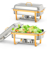 Garvee Set De 2 Platos Calentadores Buffet 9L Rectangulares Acero Inoxidable Con Soporte Para Tapa Y Accesorios Para Eventos Y Banquetes - Dorado