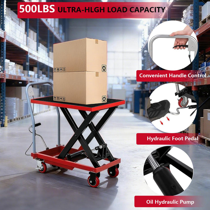 Garvee Carro Hidráulico de Elevación Industrial de Corte Simple 226.8kg Bomba Manual Plataforma 72.39cm Acero Resistente Almohadilla Antideslizante 4 Ruedas Guantes Incluidos Rojo y Negro