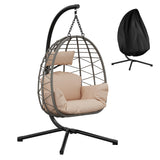 Garvee Sillón Colgante de Ratán con Estructura de Acero Capacidad 150 kg Silla Columpio con Funda Impermeable y Cojines Ergonómicos para Jardín Terraza e Interior - Beige
