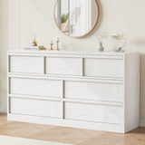 Garvee Cómoda Horizontal de 7 Cajones, 137x40x78 cm, PB con Tiradores de Madera, Diseño Elegante, Antivuelco, para Dormitorio y Salón, Blanco Antiguo - Blanco Antiguo