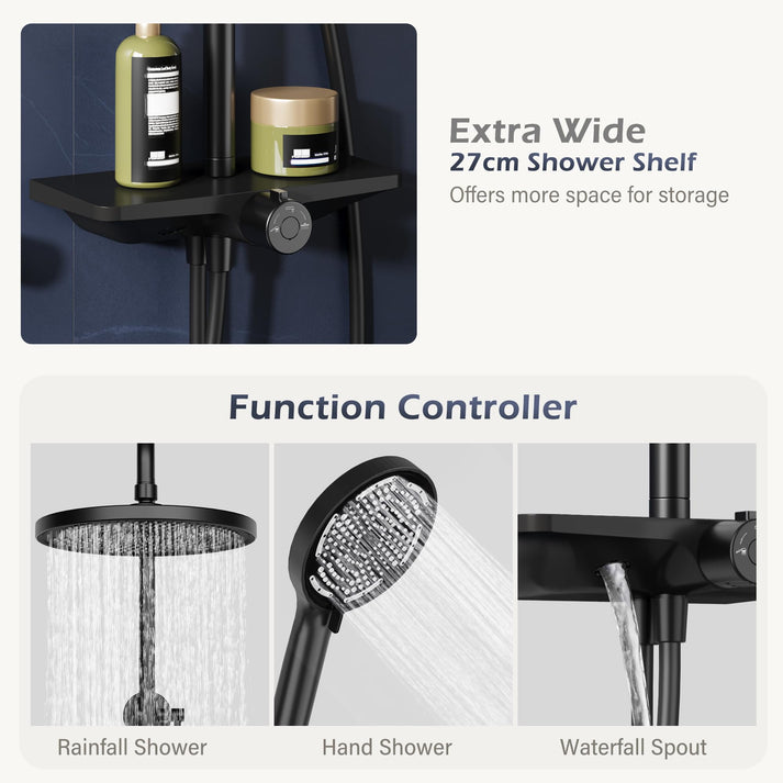 Multifunción: 3 modos de chorro + estante práctico
