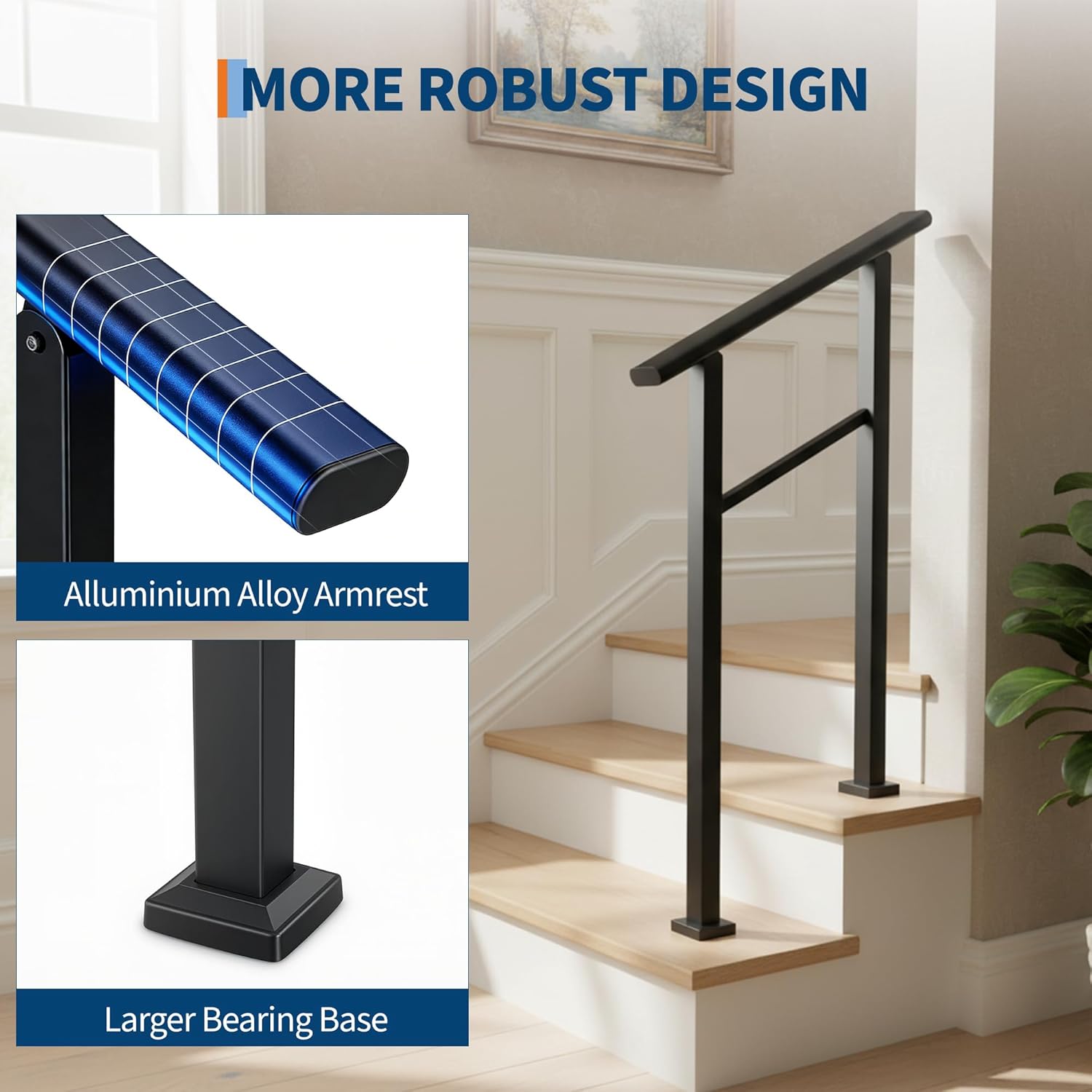 Garvee Pasamanos de 2 Peldaños con Soporte Ajustable y Kit de Instalación Completo para Escalones de Hormigón y Madera Negro