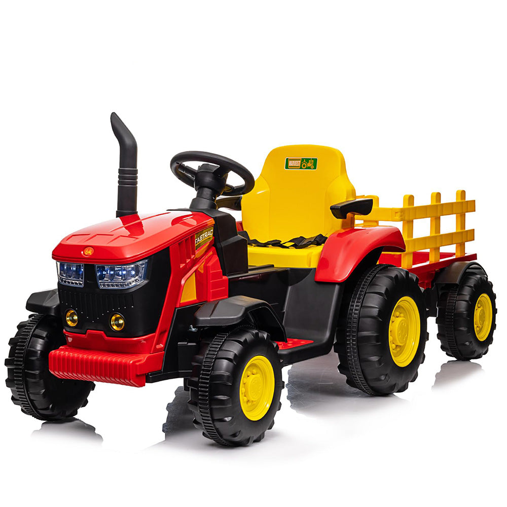 Garvee Tractor Eléctrico 12V, Remolque Desmontable, Doble Motor 35W, Bluetooth, 3 Velocidades, Luces LED, Control Remoto, 3-6 años, Jardín y Patio, Rojo