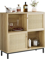 Garvee Aparador Garvee con 2 puertas de ratán - Armario de almacenamiento de madera con estante abierto - 101x94x30 cm - Roble