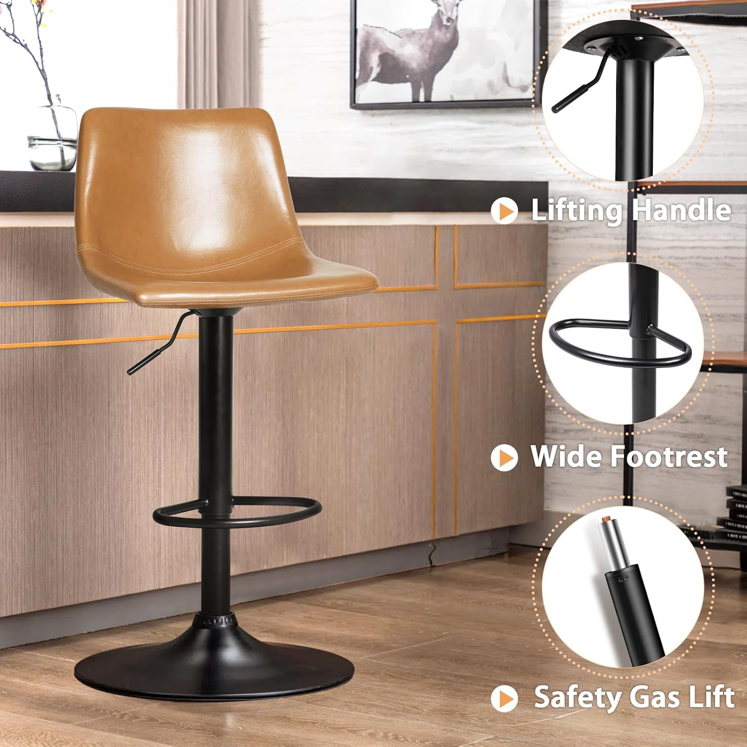 Garvee Juego de 4 Taburetes de Bar Giratorios de Hierro y PU, Altura Ajustable 61-81cm, Marrón, Respaldo Alto Reposapiés Metal para Cocina Isla y Barra