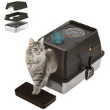 Garvee Caja De Arena Para Gatos De Acero Inoxidable XL Con Tapa Abatible Y Entrada Superior, Resistente A Perros, Antideslizante, Para Gatos Grandes Interiores - Negro