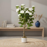 Garvee Árbol Artificial de Camelia 85cm con 20 Flores Blancas, Maceta Blanca, Realista para Hogar y Oficina - Blanco