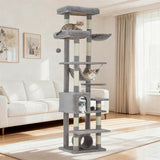 Garvee Rascador para Gatos Grande 188cm, Castillo de Felpa con Cesta, Túnel y Juguetes Colgantes, Árbol con Base Reforzada Antivuelco, Gris Claro - Gris Claro