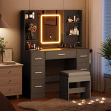 Garvee Tocador de Maquillaje con Espejo y Luces LED Ajustables 7 Cajones y Estación de Carga con Silla Incluida para Dormitorio, Negro