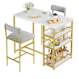 Garvee Mesa bar 1+2 sillas altas acolchadas 3 estantes metal mármol dorado terciopelo gris 91.4x50x91.4cm ideal apartamento cocina - Dorado + gris tela terciopelo