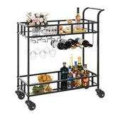 Garvee Carro De Bar De Vino 2 Niveles Con Ruedas Y Estantes Espejados, Estructura Metálica Negra, Compacto Para Hogar Y Fiestas - Negro