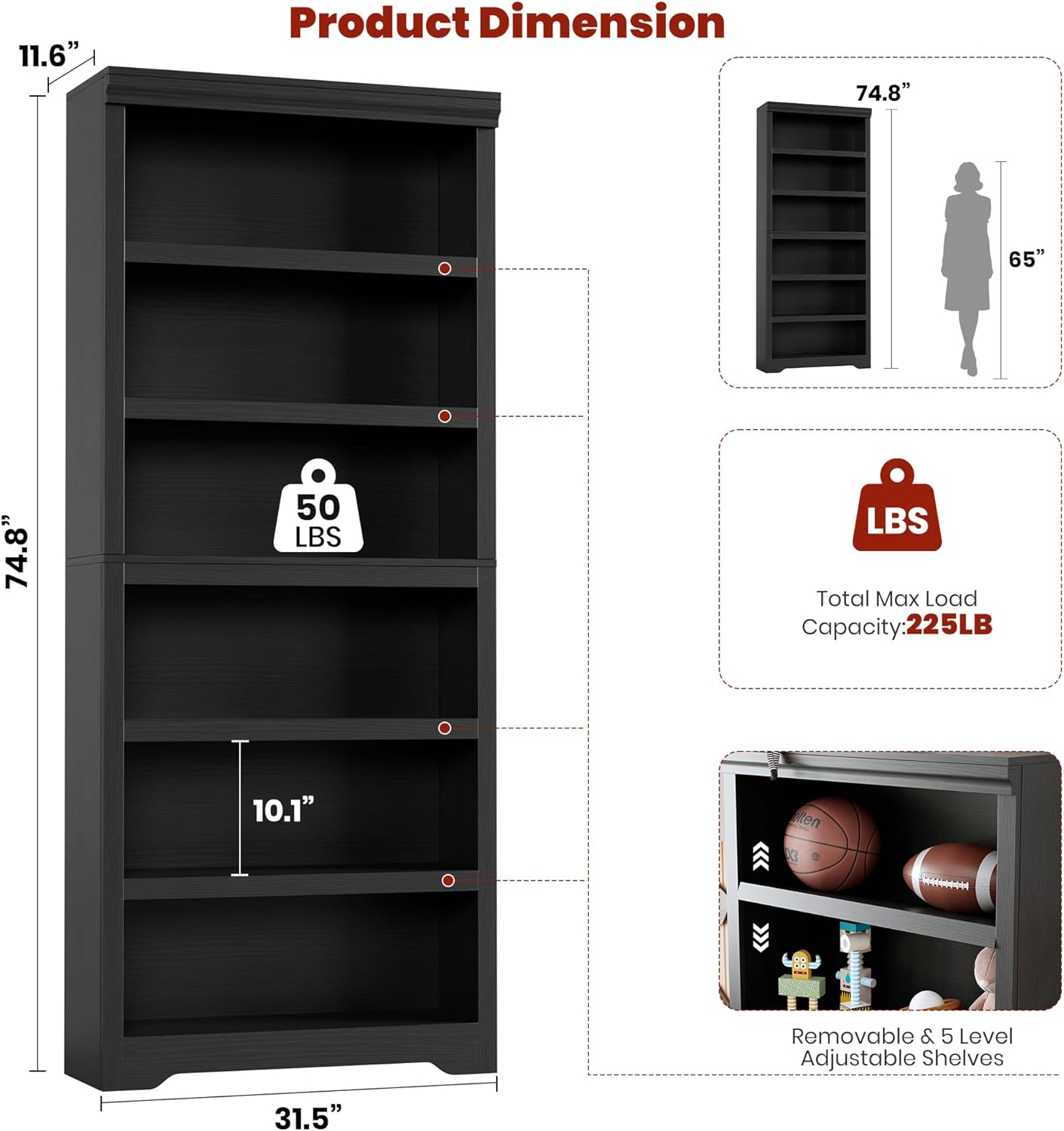 Garvee Librería Alta de 6 Niveles con Estructura Robusta y Máxima Capacidad para Coleccionistas en Salón o Biblioteca 80cm Negro