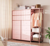 Garvee Cómoda con 16 Cajones, Barra para Colgar y Estantes para Dormitorio o Entrada, Estructura Metálica Robusta, Montaje Reversible, Tela Durable - Rosa