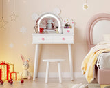 Garvee Set de Tocador Infantil con Luces LED y Forma de Oso - Mesa y Taburete de Madera - Almacenamiento Amplio y Seguro - Ideal para Niñas en Dormitorio - Blanco